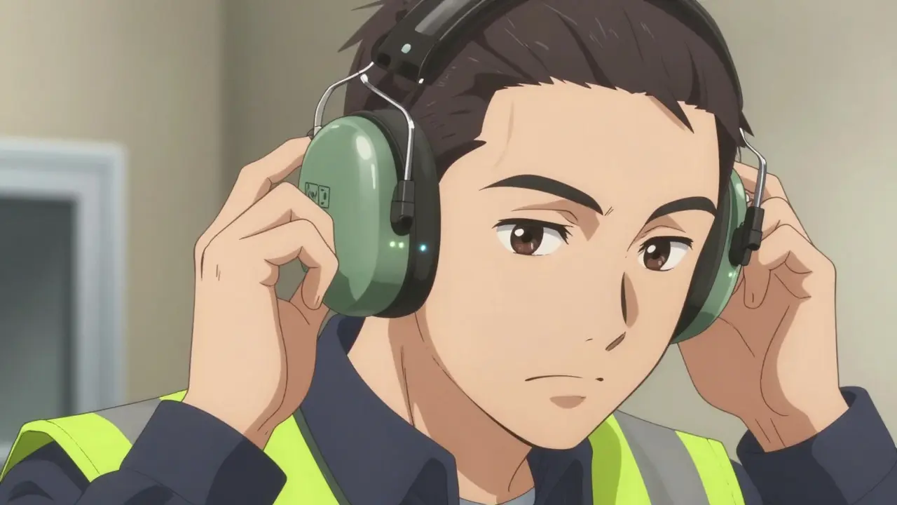 Close-up anime portrait of worker wearing electronic hearing protection devices.