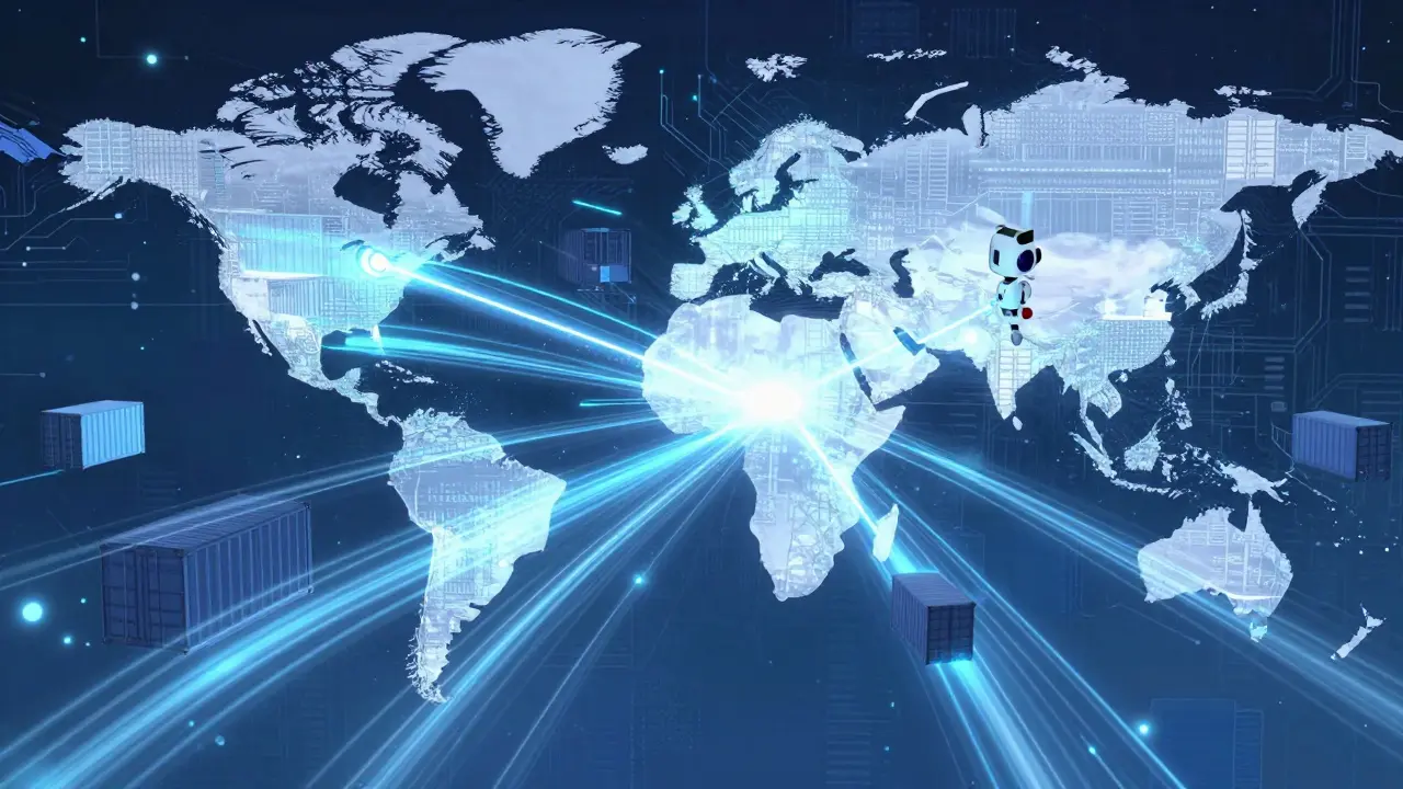 Digital data streams connecting global shipping containers