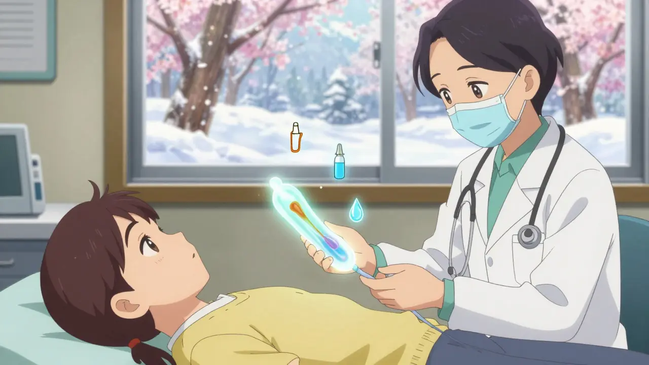 Doctor performing balloon dilation on Eustachian tube with glowing medical icons floating nearby.