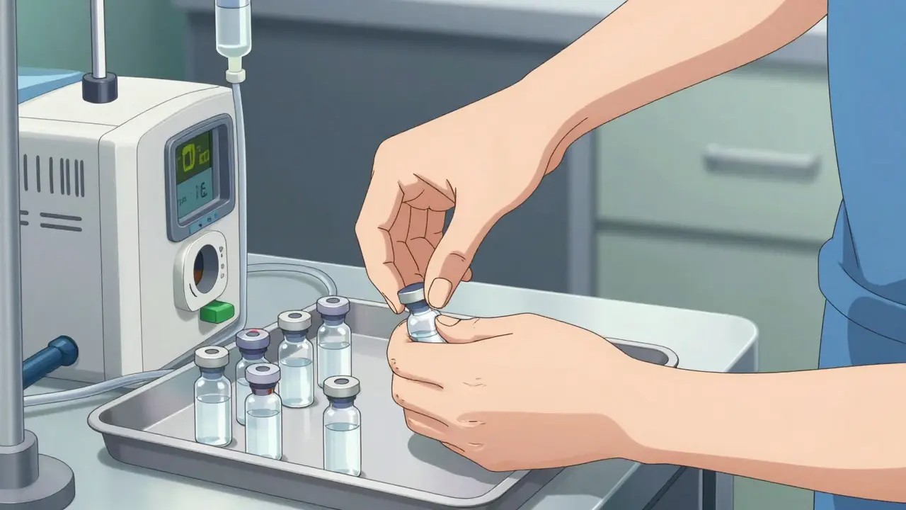 Nurse adjusting medical infusion pump equipment carefully.