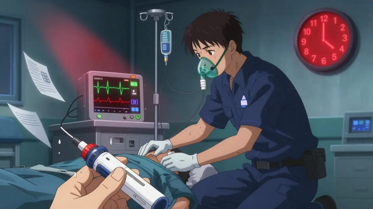 Paramedics treating a patient in hospital with oxygen mask and IV, epinephrine injector ready, ECG monitor showing critical readings.