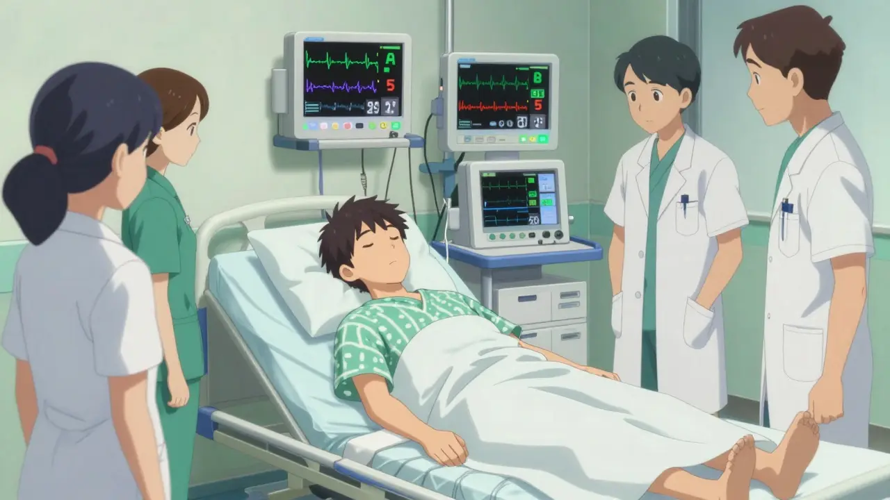 Patient resting in hospital bed with stable monitoring lights.