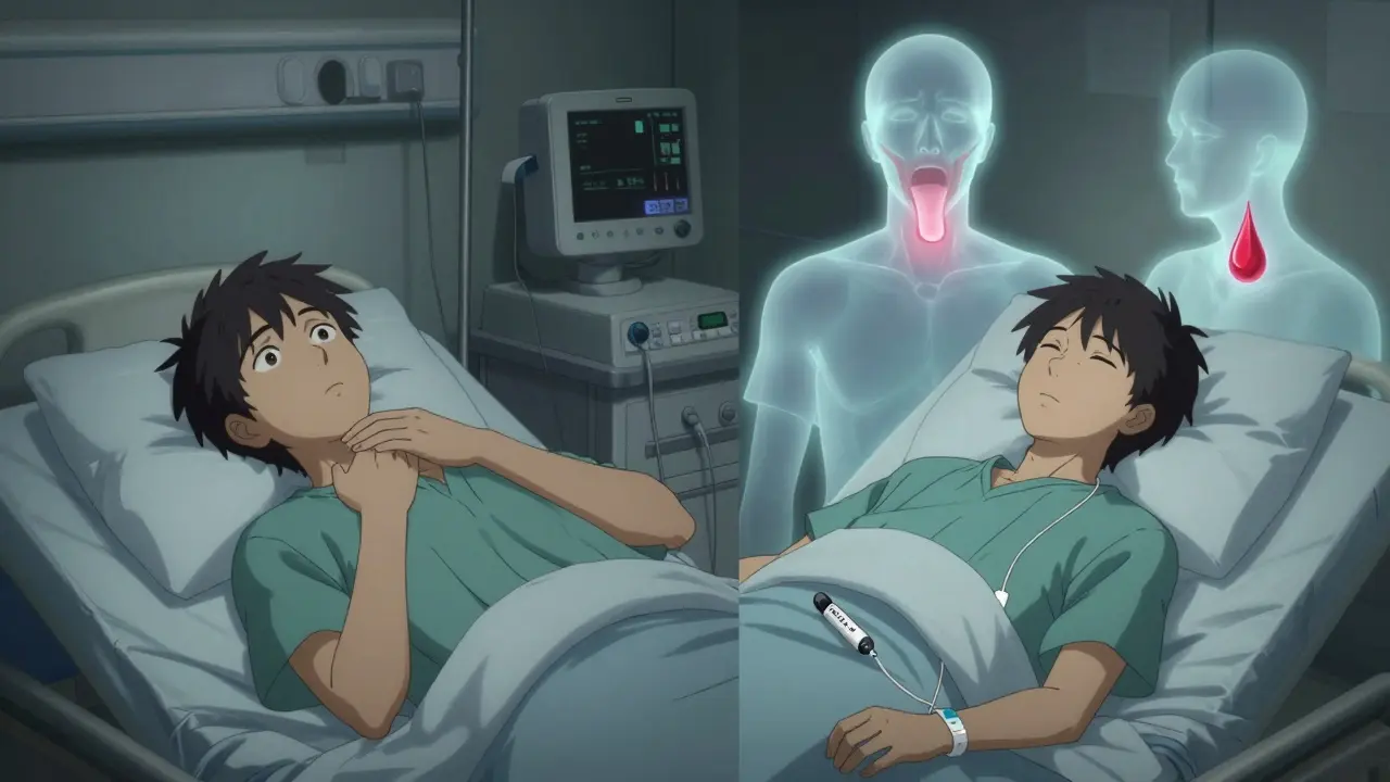 Split scene: person collapsing without rash on one side, same person monitored in hospital with alert bracelet on the other.