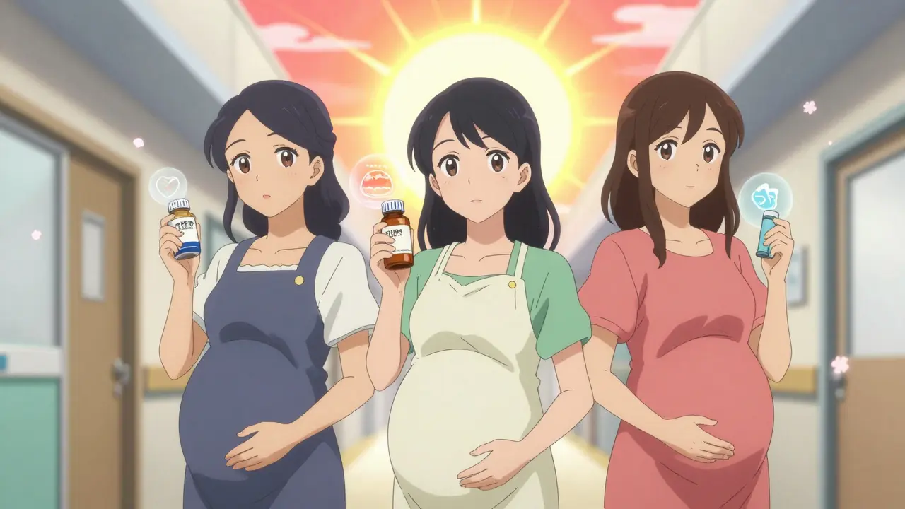 Three pregnant people hold medications as safe data icons float above them, symbolizing informed choices in maternal health.