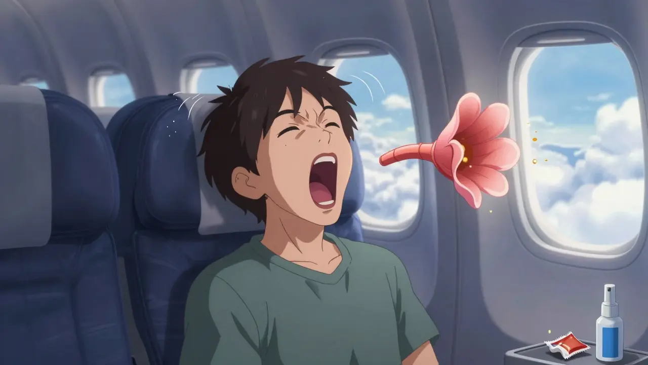 Woman yawning on airplane with Eustachian tube opening and air releasing as golden particles.