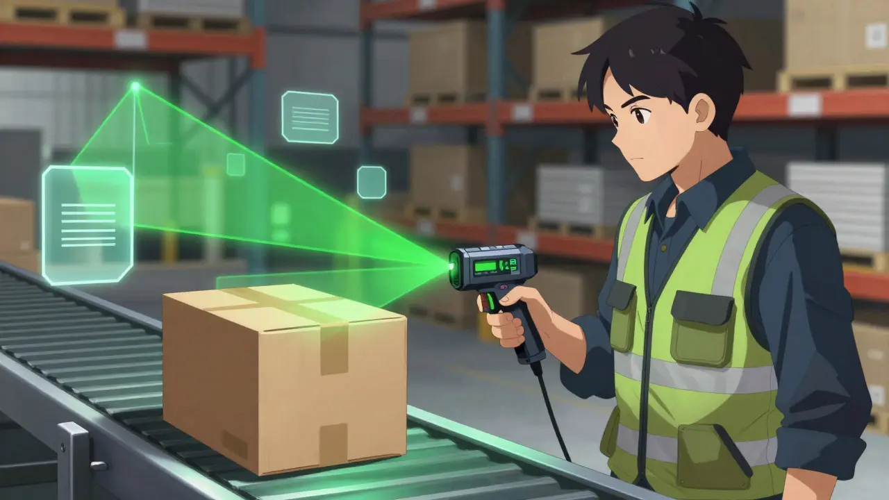 Worker scanning package barcode in industrial warehouse