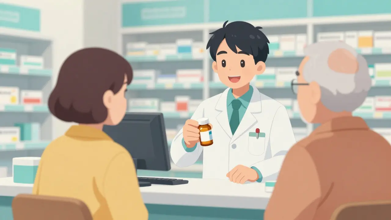 An anime scene of a pharmacist providing safety counseling to an elderly patient.