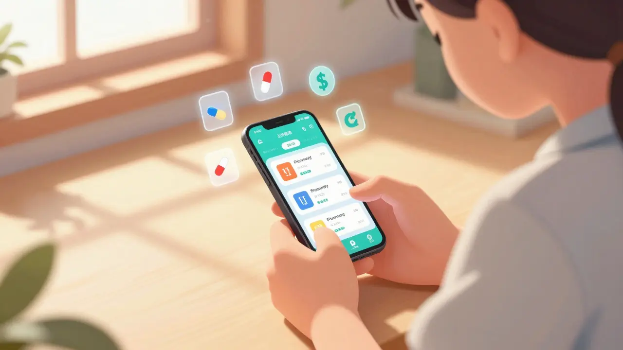 Anime character using a smartphone to find medication discounts in a sunny room.