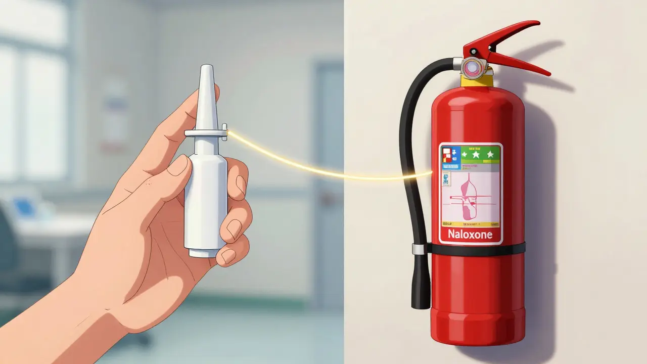 Anime conceptual image comparing a naloxone kit to a fire extinguisher.