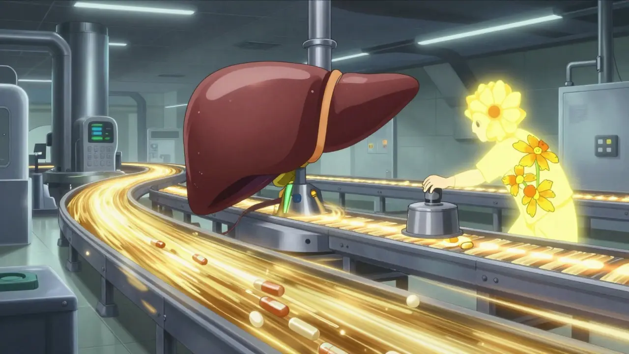 Anime conceptual view of a liver processing hub showing a supplement accelerating drug metabolism.