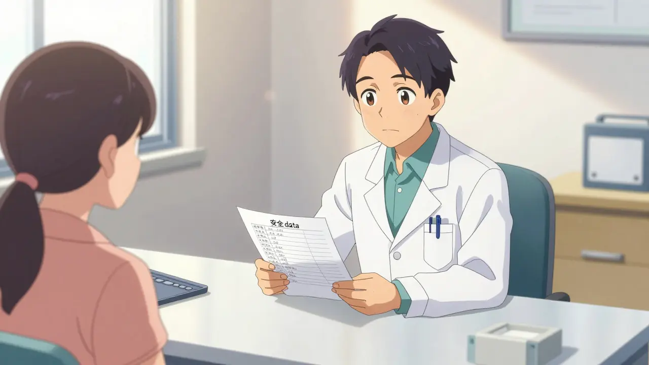 Anime depiction of a doctor reviewing a patient's medication list in an office.