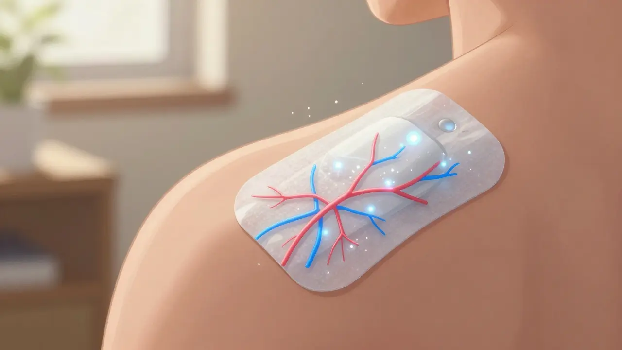 Anime depiction of a medical patch on skin with medication particles entering the bloodstream.