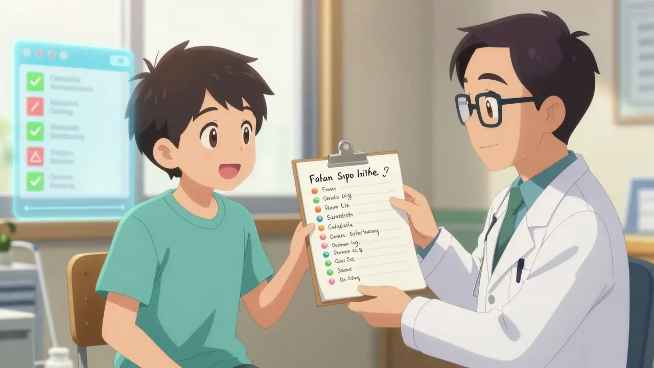 Anime illustration of a patient sharing a detailed supplement list with a doctor in a clinic.