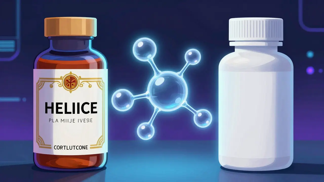 Anime illustration showing the identical molecular formula of a brand and authorized generic drug.