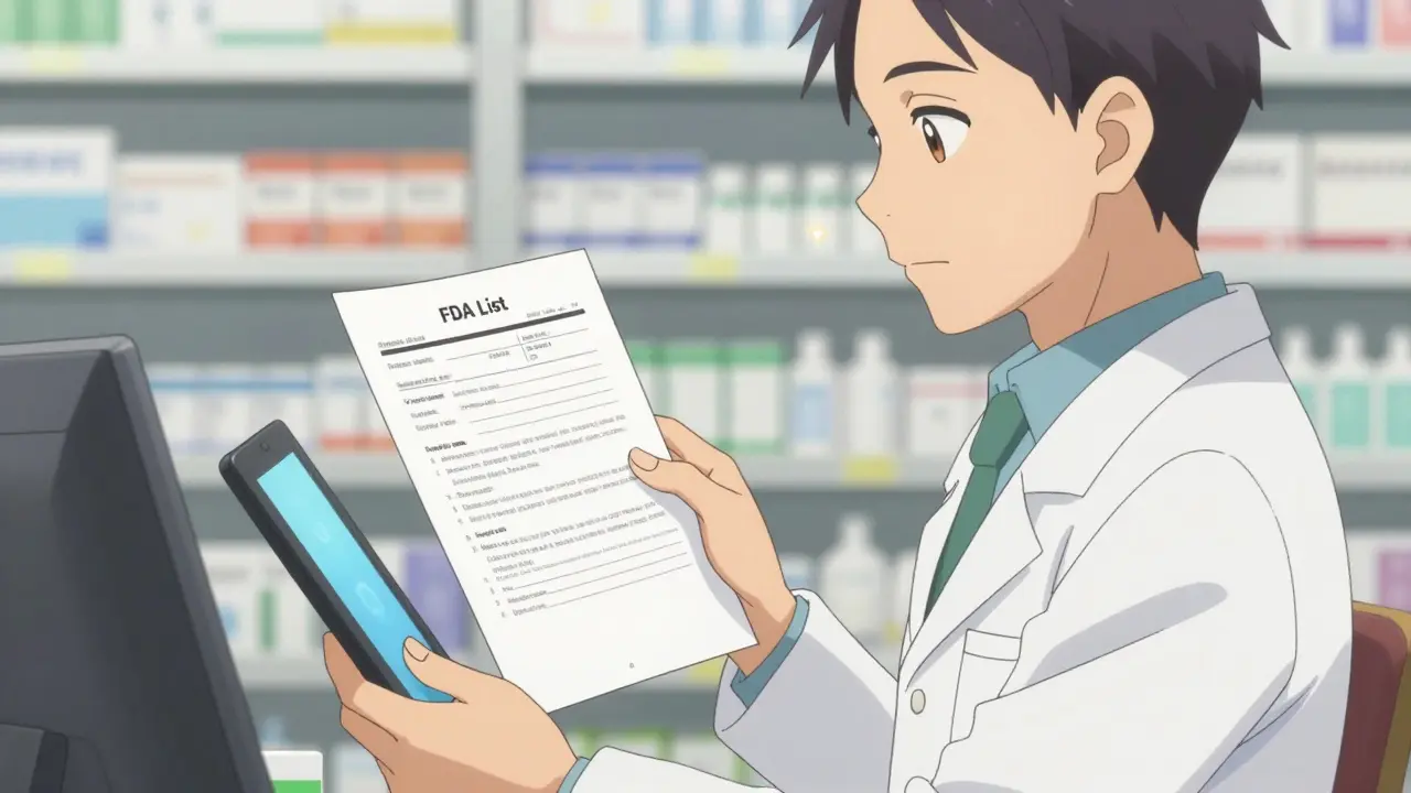 Anime pharmacist carefully verifying medication details using an FDA list on a tablet.