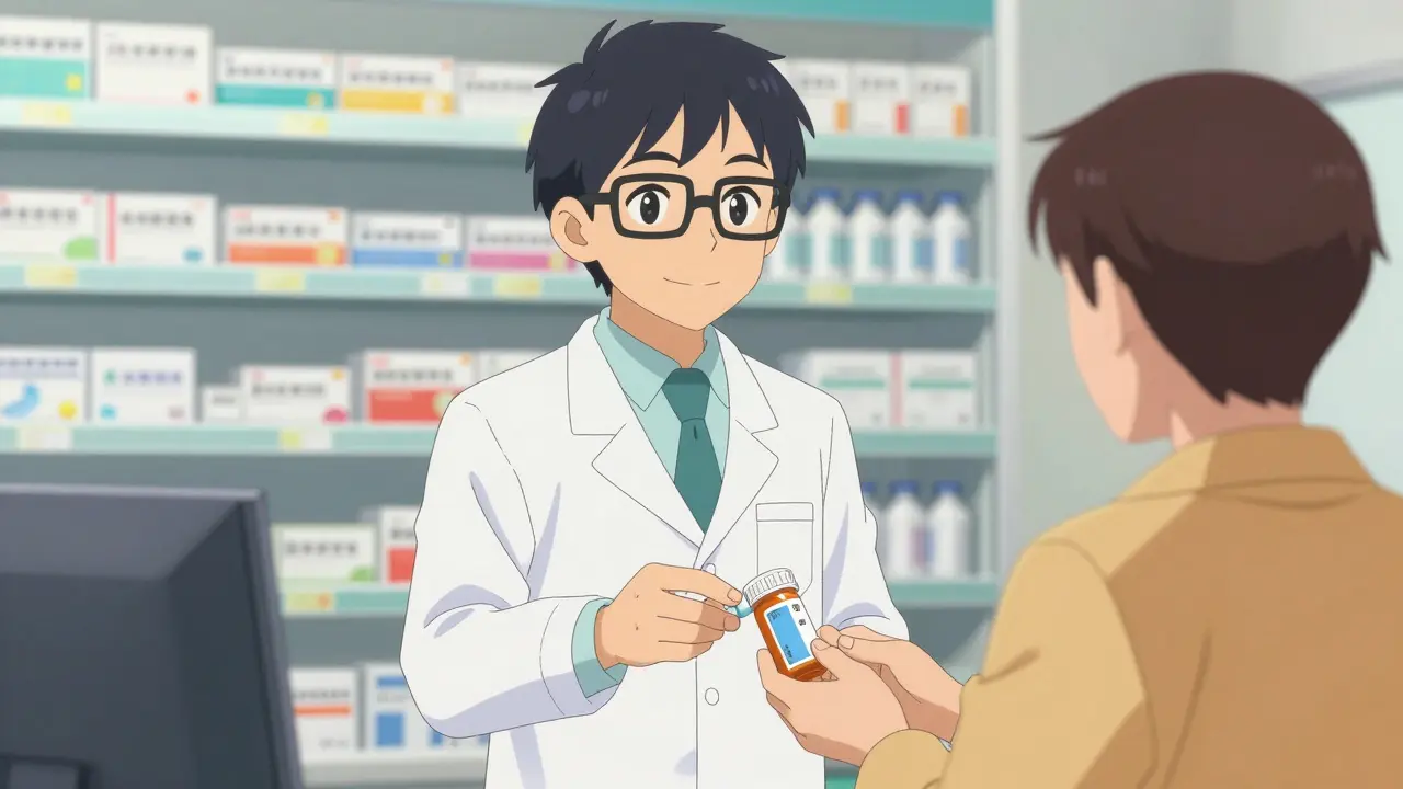 Anime pharmacist in a white coat handing a prescription bottle to a patient.