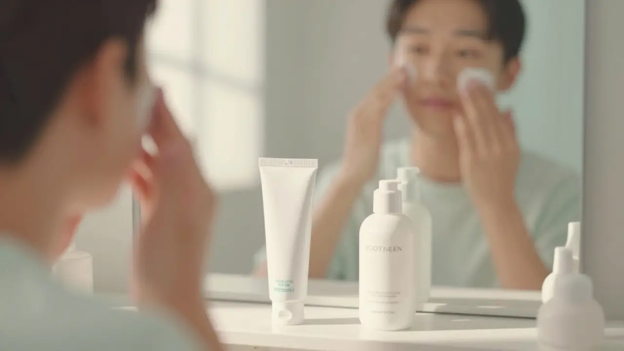 Anime scene of a person using skincare products for skin recovery