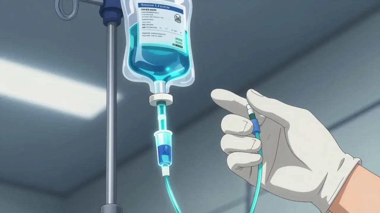 Anime style close-up of a neon blue medicine flowing through an IV drip in a sterile clinic.