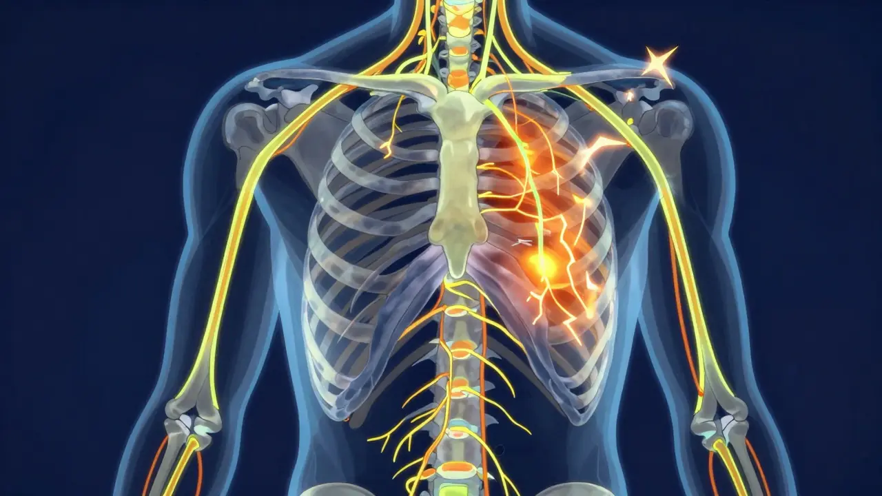 Anime style medical diagram showing irritated phrenic and vagus nerves glowing