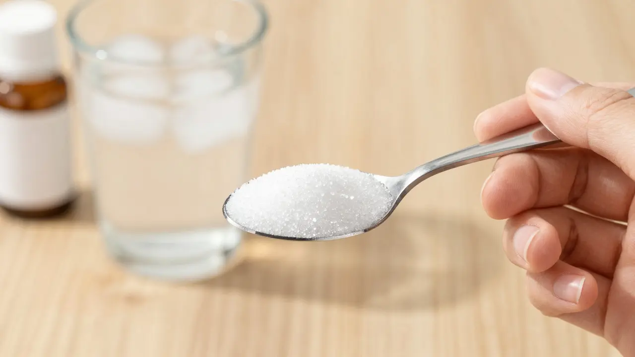 Close-up of a teaspoon of granulated sugar in a cel-shaded anime style