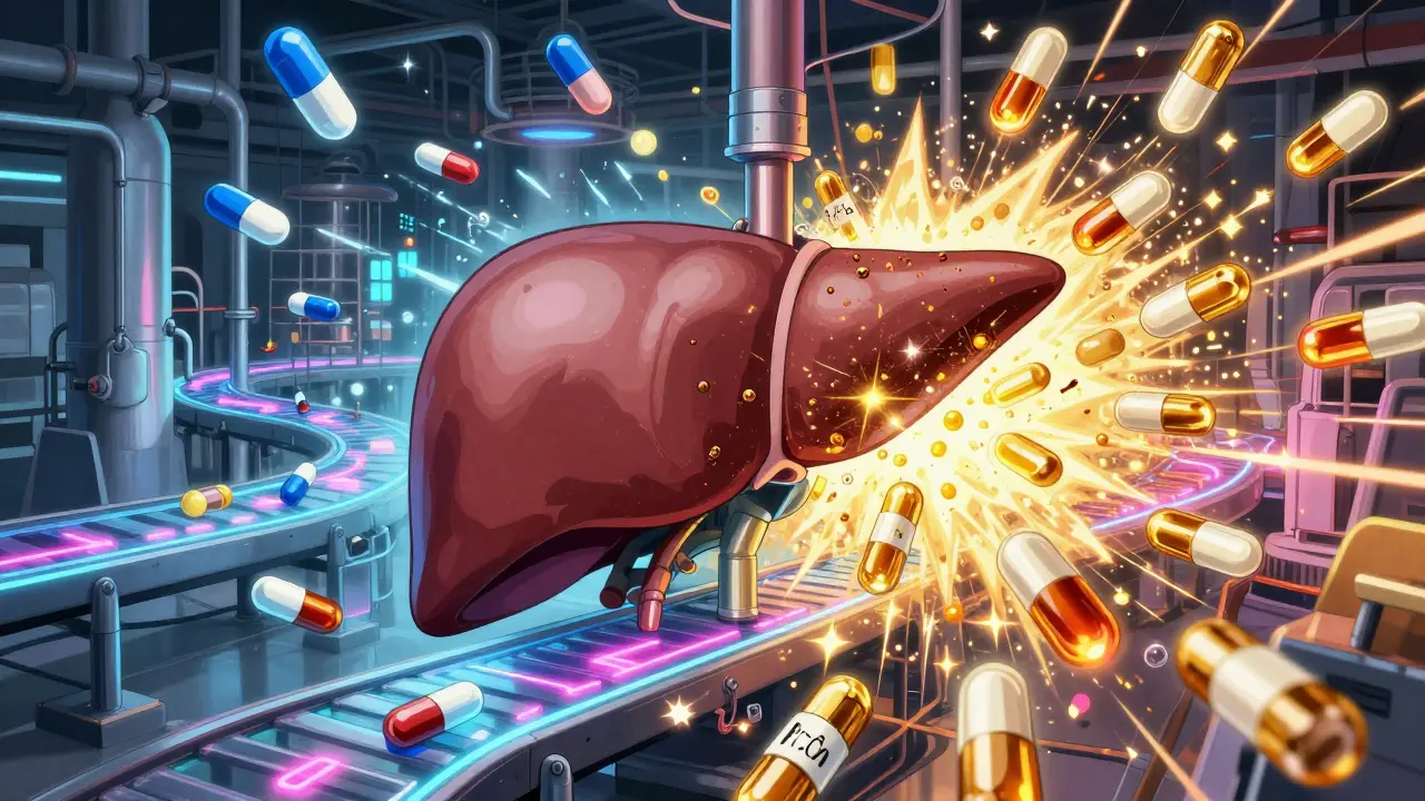 Conceptual anime art of alcohol and medicine colliding in a stylized liver factory.