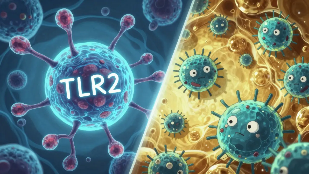 Conceptual anime art of TLR2 proteins and skin bacteria causing inflammation